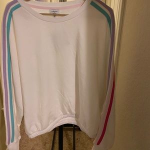 XL women’s NWT White with multi colored stripes down arm sweatshirt